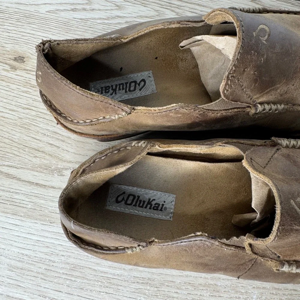 OluKai‎ Moloa Mens Brown Leather Slip On Loafers Drop-In Heel 10128-2733 Size 9